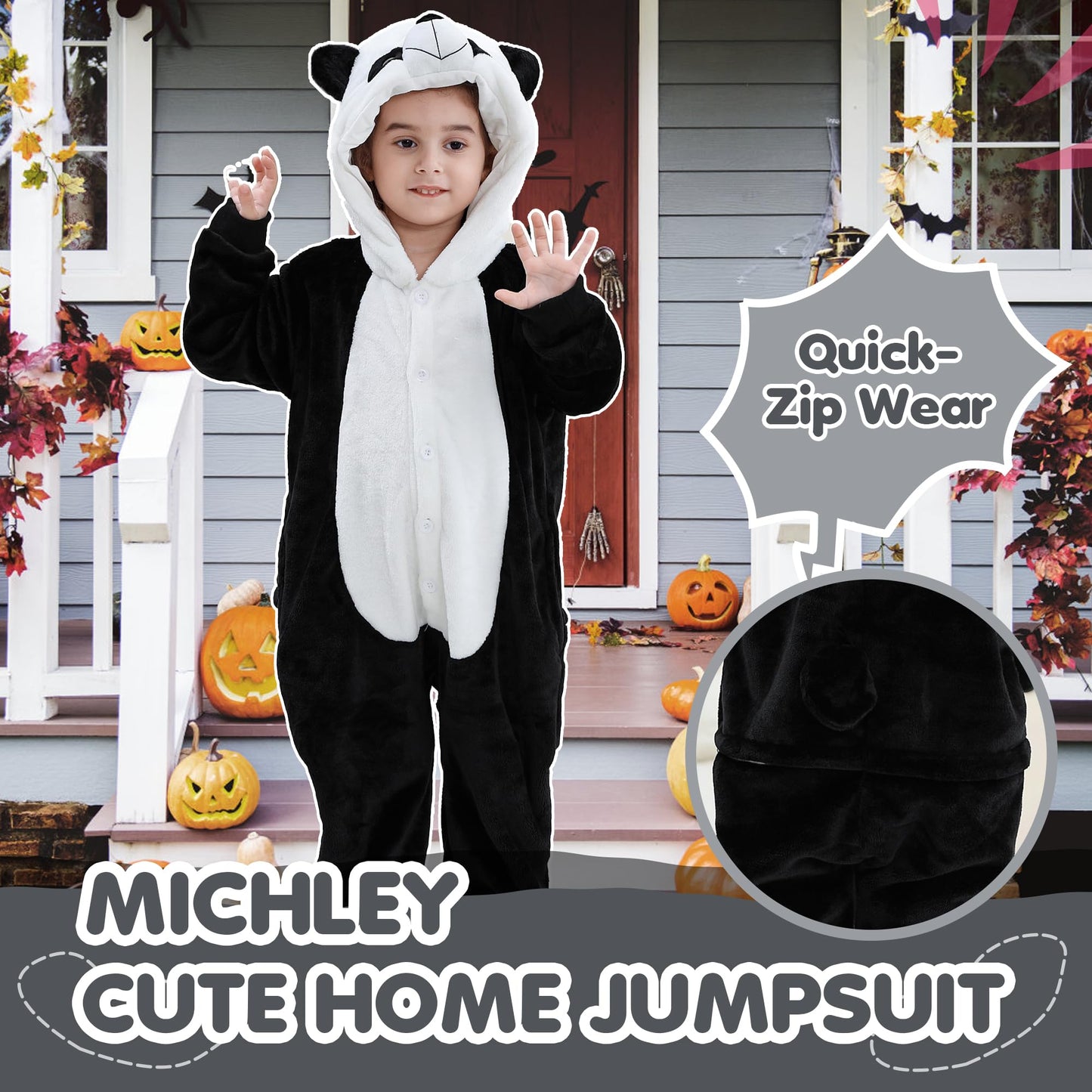 MICHLEY Animal Hooded Romper Kids Flannel Halloween Cosplay Costume 3-12T for Autumn Winter, Panda, 9-10T, Size130