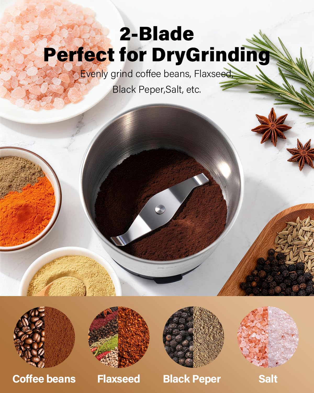 SHARDOR Coffee and Spice Grinder Electric, Coffee Bean Grinder with 2 Removable Stainless Steel Bowls for Spices, Herbs, Nuts and Seeds, Black