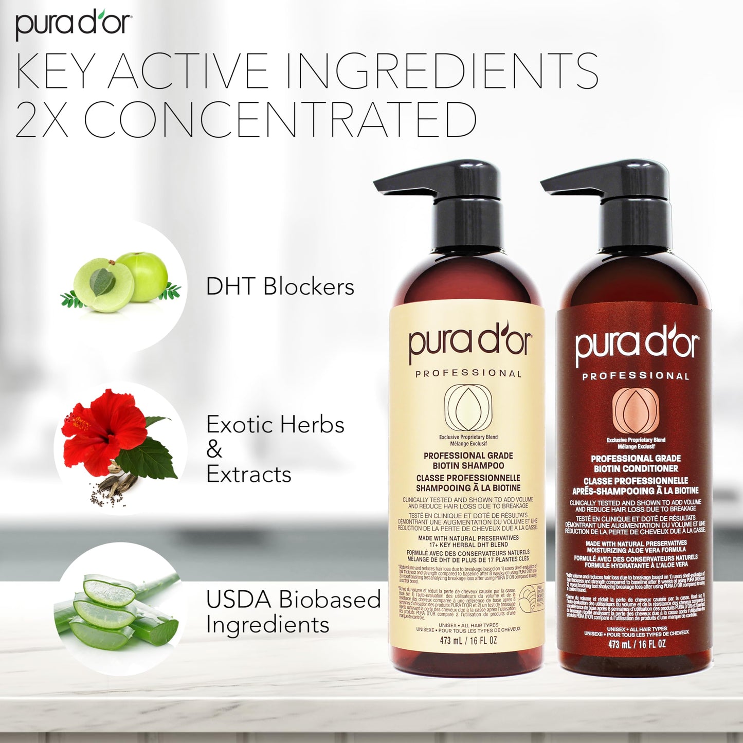 PURA D'OR Clinically Formulated Biotin Shampoo & Conditioner, 2X Concentrated Formula with EFFECTIVE RESULTS Hair Thickening Products For Women & Men, Sulfate Free, 473 mL (16 fl oz) x 2