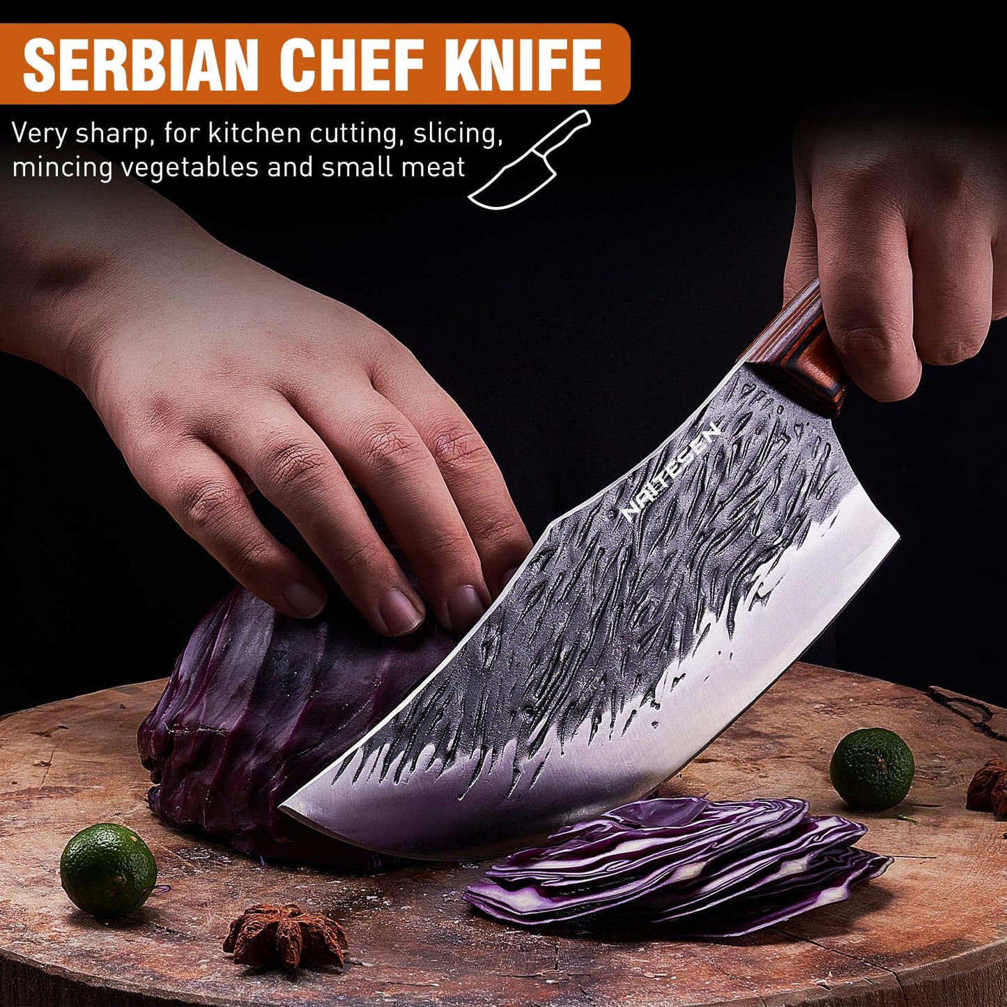 Naitesen 4PCS Hand Forged Butcher Knife Set, Heavy Duty Meat Cleaver Serbian Kitchen Chef Knife Breaking Knife Boning Knife for Meat Cutting Home Kitchen Cooking Camping BBQ