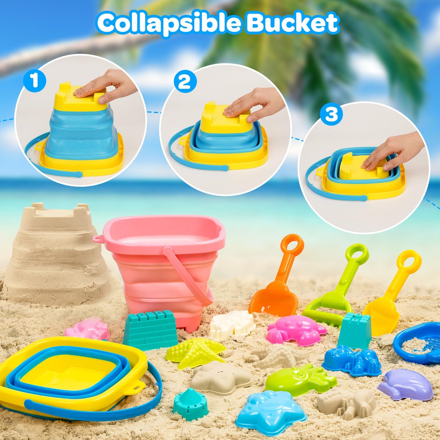 Kids Beach Sand Toys with 2 Collapsible Buckets Animal and Castle Play Sand Molds 2 Mesh Beach Shell Bags, Shovels Set Travel Sandbox Toys for Toddler Ages 3-10