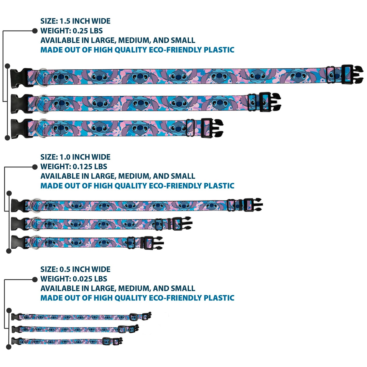 Disney Pet Collar, Dog Collar Plastic Buckle, Lilo and Stitch Stitch Flip Expressions Close Up Blues Pinks, 15 to 24 Inches 1.0 Inch Wide