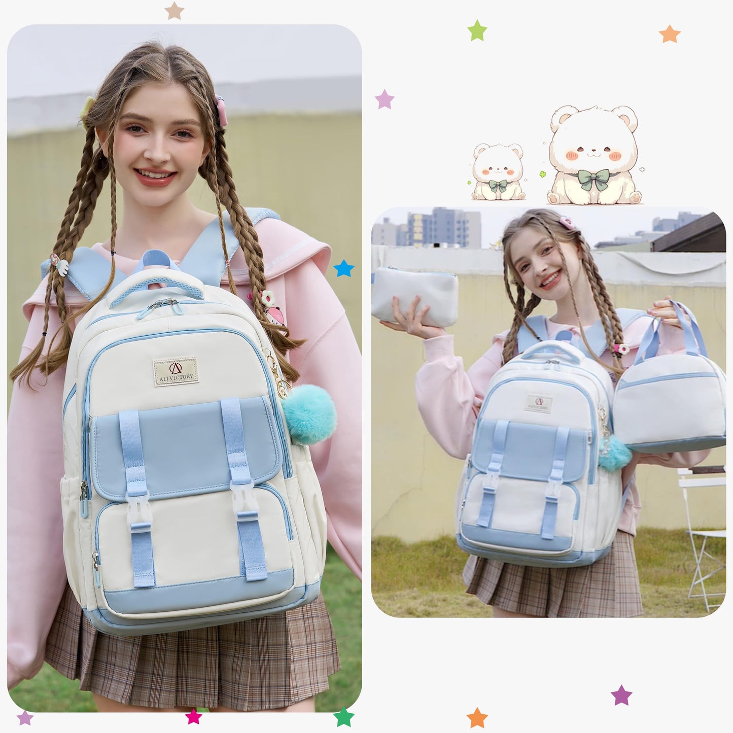 AO ALI VICTORY Laptop Backpack 16 Inch Kids Elementary Middle High School Bag College Backpacks Women Work Business Back Pack Travel Rucksack Large Bookbag for Teens Girls Womens Students,Blue Set