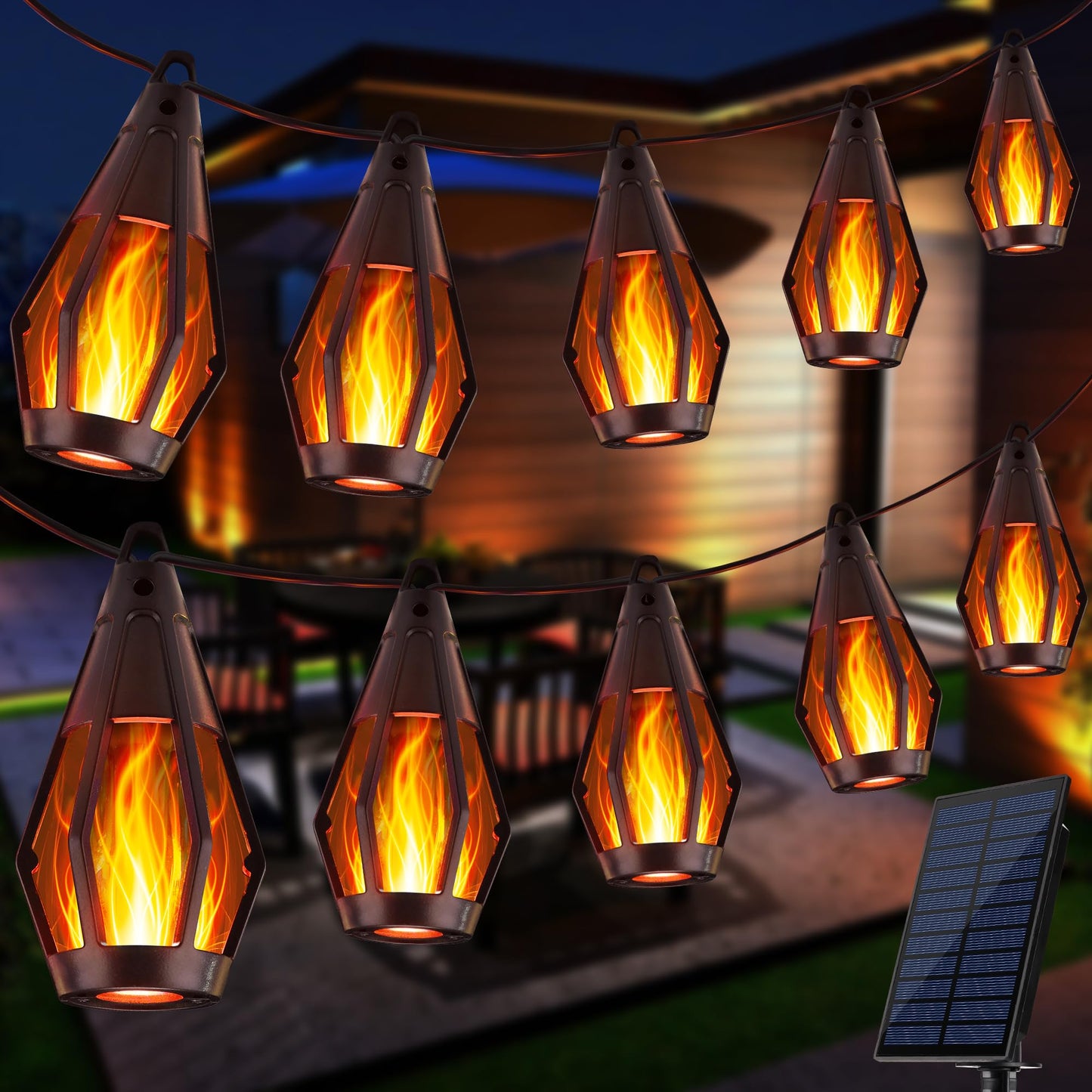 Solar String Lights Outdoor, 41FT Flame Solar Powered Patio Lights with 15 Bulbs 150 LEDs, Waterproof Outdoor String Lights for Garden Yard Patio Decor, Outside Decor for Party Camping BBQ