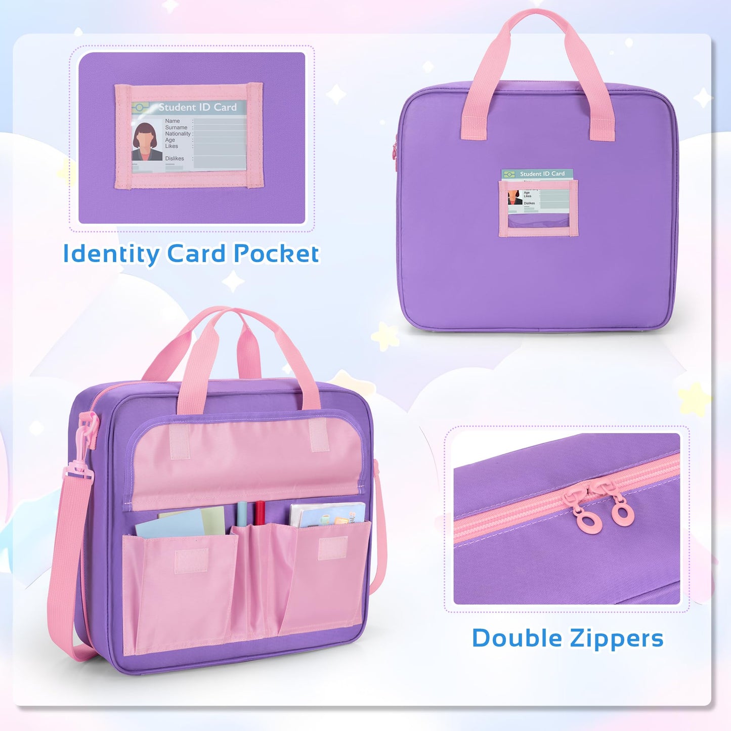 Yarwo File Organizer for Boys and Girls, 3 Ring Binder Holds 500 Sheets with 5 Expanding Files and Adjustable Strap, Large Zipper Binder Bag for Learning Tablet and Stationery, Purple (Bag Only)