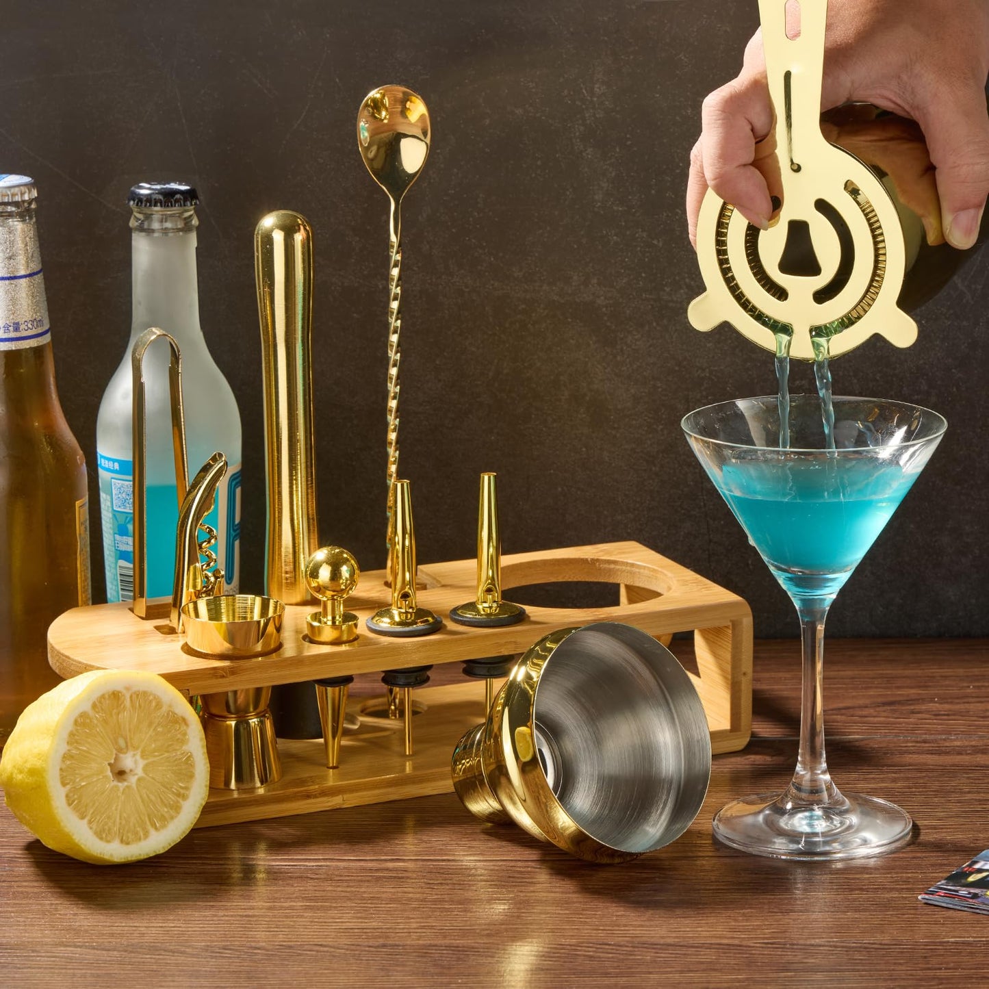 Cocktail Shaker Set Bartender Kit : 12-Piece Bar Tool Set with Bamboo Stand | Bar Set with All Practical Bar Accessories, for Drink Mixing, Bar, Home, Lounge & Party (Gold)