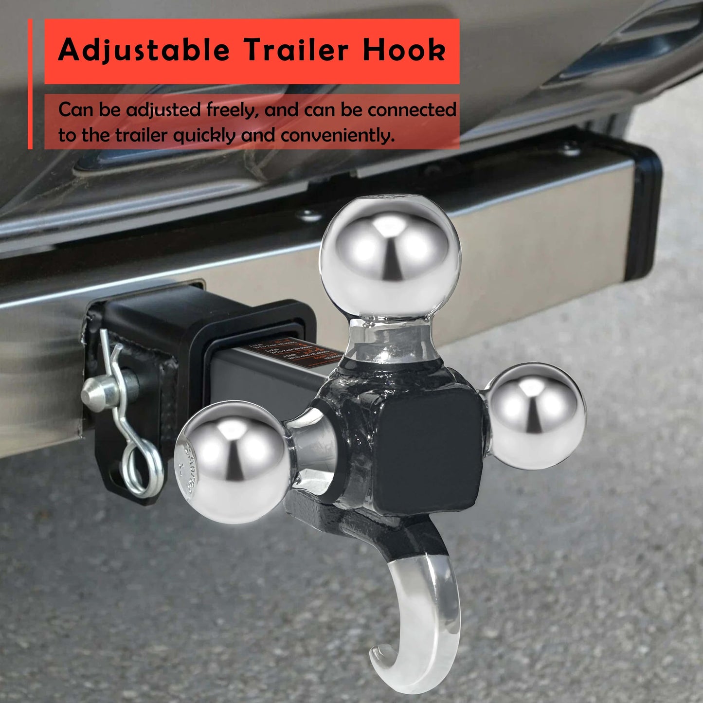 NUCHOICE Trailer Hitch Tri-Ball Mount with Hook, Fits 2” Receiver, 1-7/8”, 2”, 2-5/16” Towing Balls, Heavy-Duty Steel, Black Finish