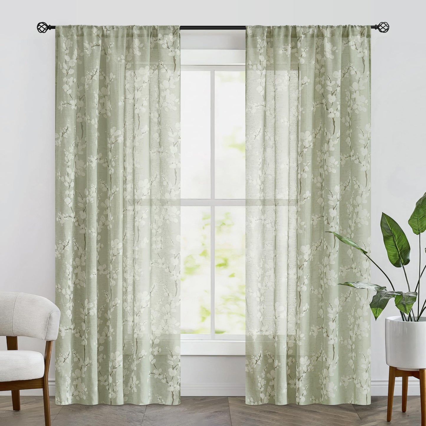 FMFUNCTEX Sage Green Sheer Curtains for Living Room White Floral Print Curtains 84 Inches Long for Bedroom Plum Blossom Flax Linen Blend Drapes Semi Sheer Rod Pocket Window Curtains 2 Panels Green