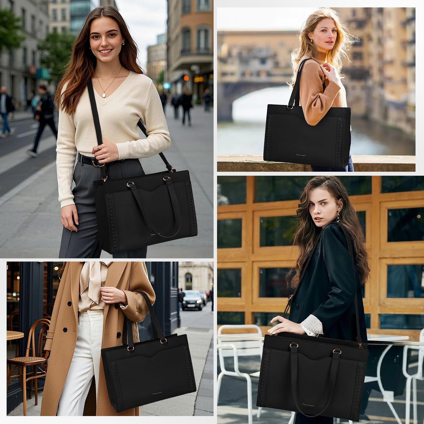 RAINSMORE Laptop Bag for Women 15.6 Inch Work Tote Bag for Women with Detachable Strap & Bow Leather Professional Laptop Tote with Cup Holder, Office Business Briefcase Large Handbag，All Black
