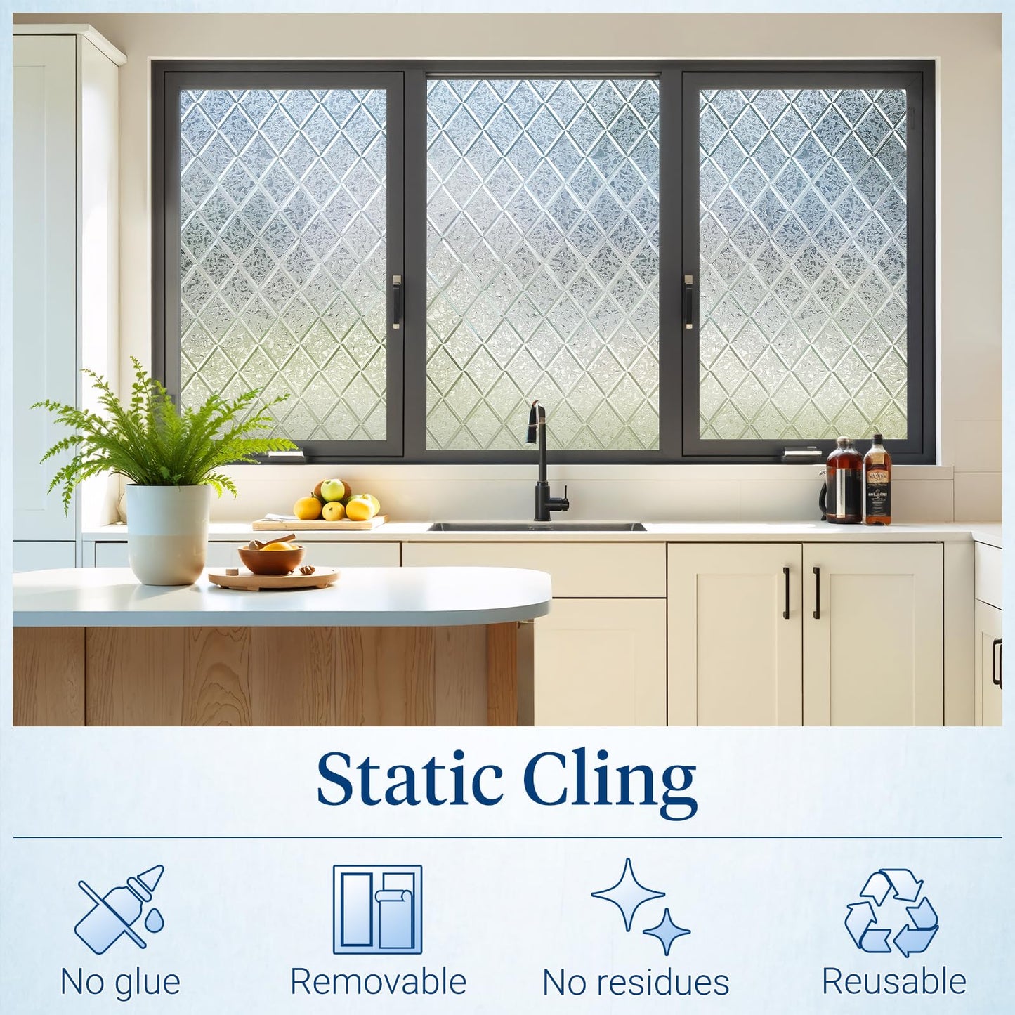 Haton Window Films for Privacy, 3D Frosted Glass Film, Sun UV Blocking Static Cling Reusable Non-Adhesive Decorative Window Privacy Covering fits Bathroom & Home Office, Lattice Pattern,60x200cm