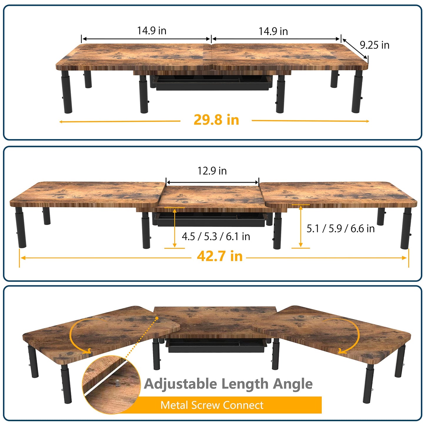 ETHU Dual Monitor Stand Riser for Desk, Computer Desk Monitor Stands for 2 PC monitors, Computer, Laptop and Printer, 3 Adjustable Shelf Length and Angle Desktop Stand with Phone Holder and Drawer, Office Supplies, Computer Accessories(Walnut)