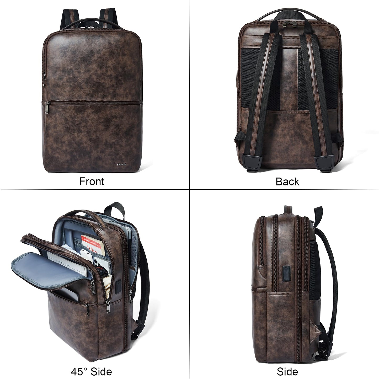 Vegan Leather Laptop Backpack for Women&Men,16 Inch Expandable Backpack with USB Charging Port,Two-toned Coffee