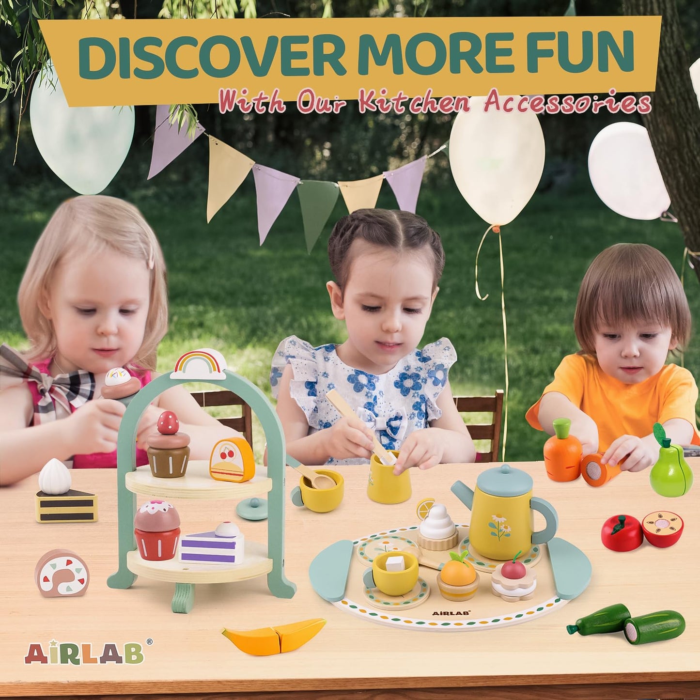 Airlab Tea Sets for Toddlers 3-5 Girl Birthday Gift 2 Year Old Princess Party Wooden Play Food Toy Sets for Kids Kitchen Accessories Age 3 4 5 6 Wood Educational Toys