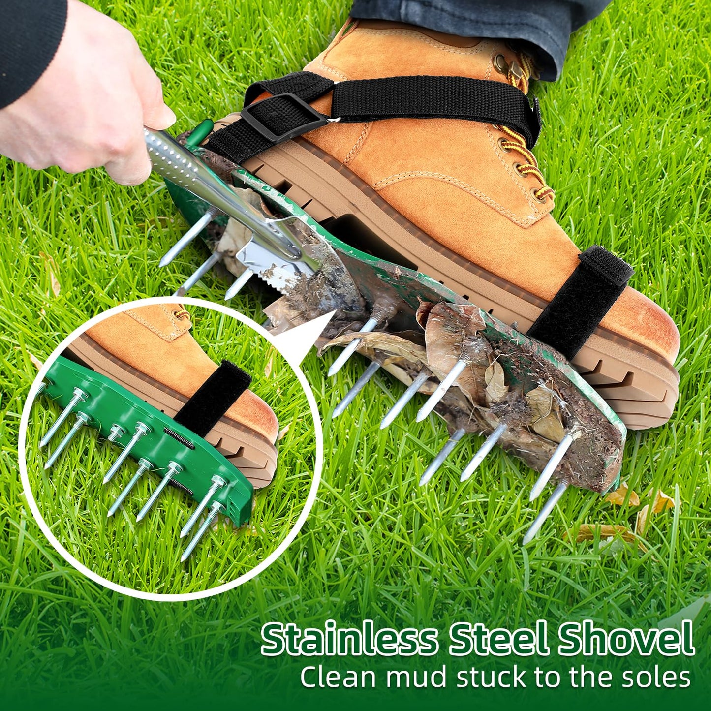 Lawn Aerator Shoes, Ohuhu Free-Installation Lawn Aerator Shoes for Grass Heavy Duty Grass Aeration Sandals with Stainless Steel Spikes and Shovel Adjustable Hook & Loop Straps for Lawn Patio Garden