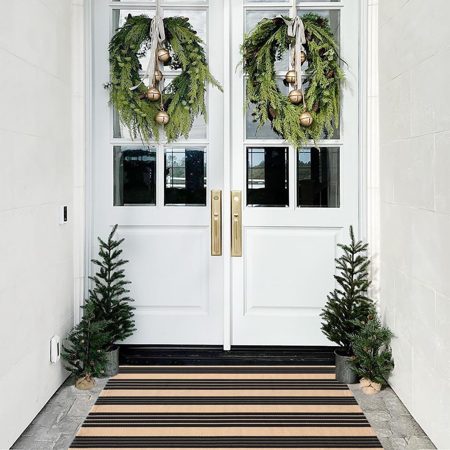 Fallovea Black and Tan Striped Rugs, 90×150 cm Area Rug Outdoor Indoor Front Porch Doormat Cotton Hand-Woven Layered Door Mats for Entryway Patio Entryway Laundry Bedroom Living Room