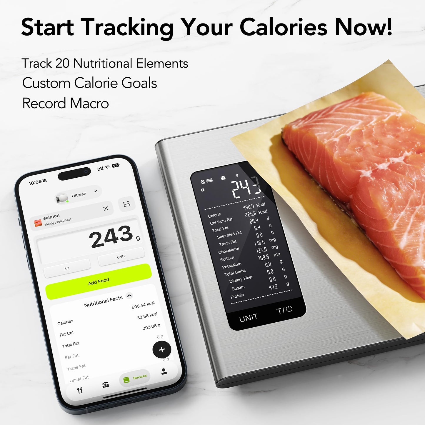 Ultrean Smart Food Kitchen Scale with Nutritional Calculator, Digital Grams and Ounces for Weight Loss, 19 Facts Tracking, Baking, Cooking, Portion Control, Macro, Keto, 10kg/22lb, Stainless Steel