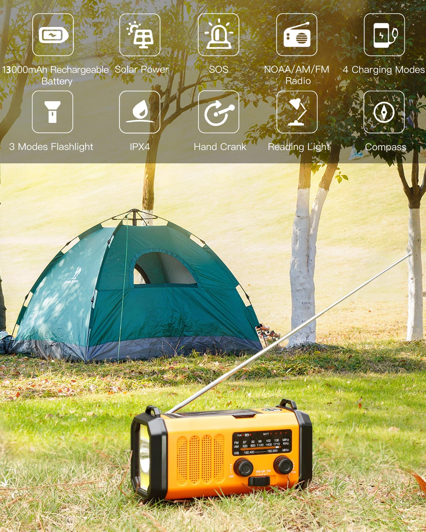 48100mWh/13000mAh Emergency Weather Radio, 4 Way Powered AM/FM/NOAA Portable Solar Crank Radio, Dynamo Phone Charger,700LM LED Flashlight/Reading Lamp,SOS,Compass for Hurricane Storm Camping Survival