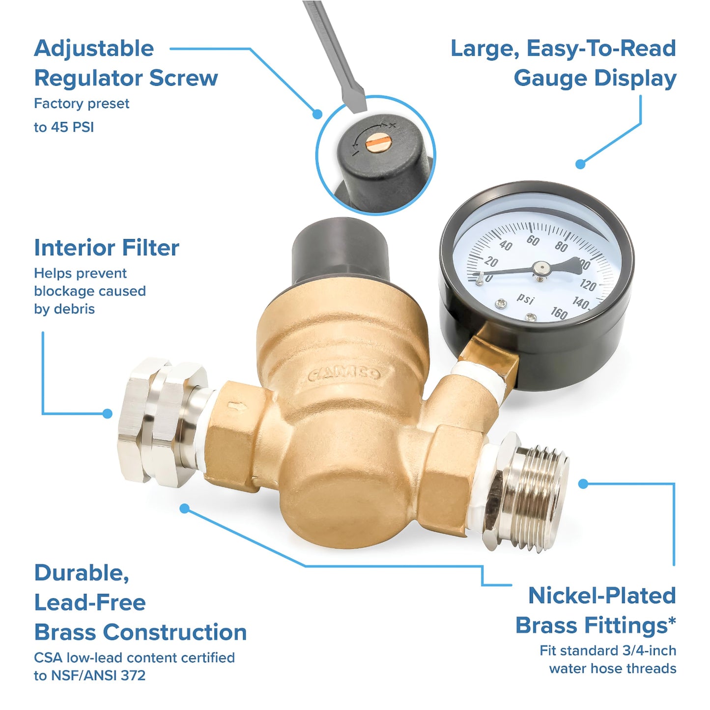 Camco 40058 Adjustable Brass Water Pressure Regulator - Helps Prevent Damage To Appliances and Plumbing Fixtures From High Water Pressure, Great for RVs and Boats