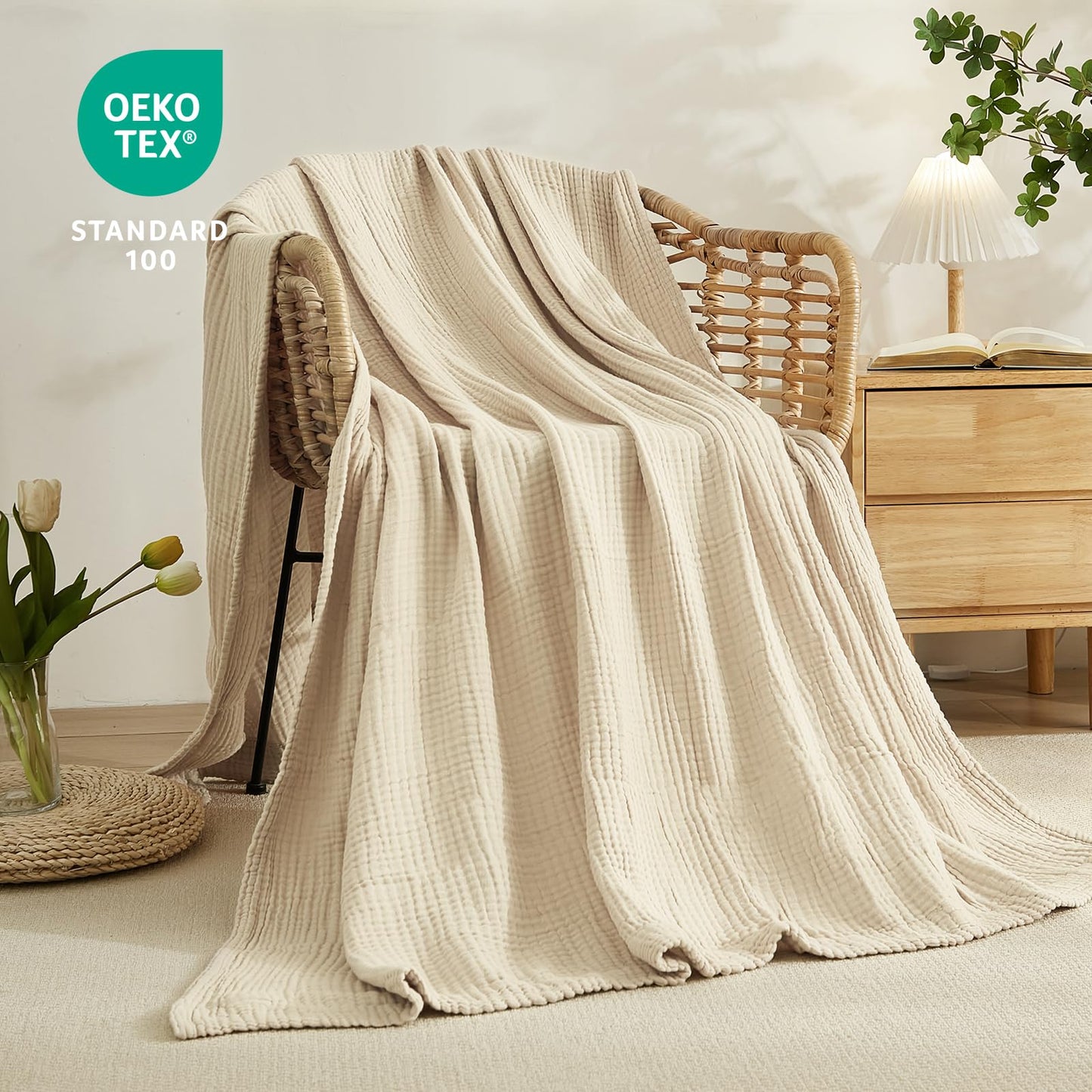 EMME Cotton Bed Blanket Twin Size Soft Muslin Boho Bedding Lightweight Breathable Twin Blanket All Season Gauze
