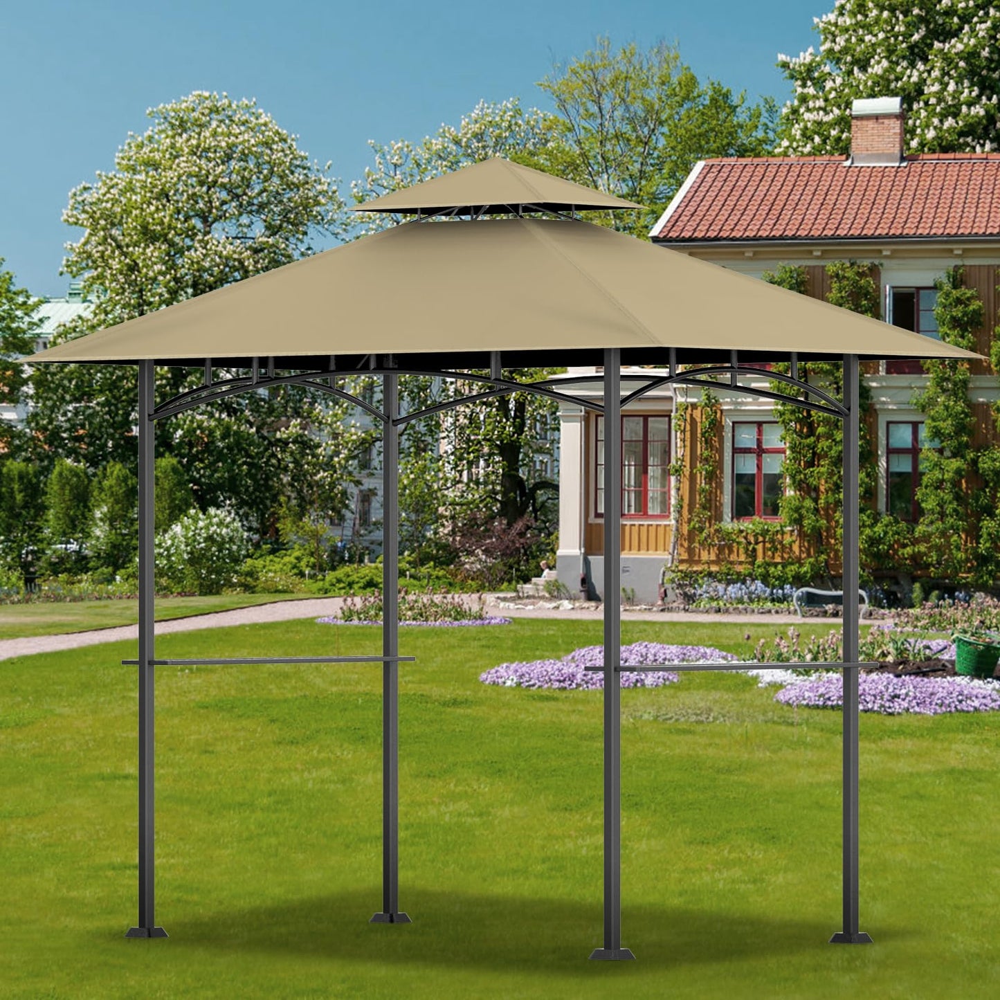 OIPUNSHLE Grill Gazebo Replacement Canopy Top, 5'x8' Top Double Tiered Replacement Canopy Roof, Grill Shelter Cover Roof Fit for Gazebo Model L-GG001PST-F (Khaki)