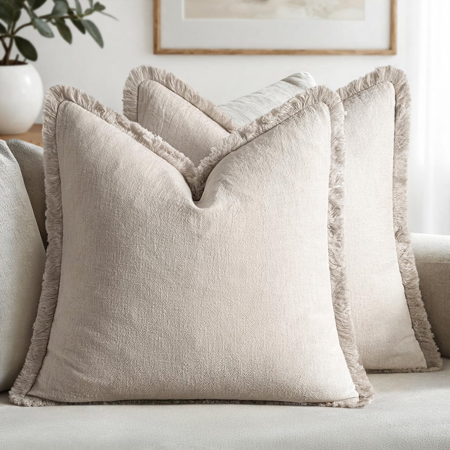 MIULEE Set of 2 Linen Throw Pillow Covers Decorative Boho Square with Tassels Farmhouse Cushion Covers Natural Beige Accent Pillowcase with Fringe for Couch Sofa Bed Living Room Spring 20x20 Inch