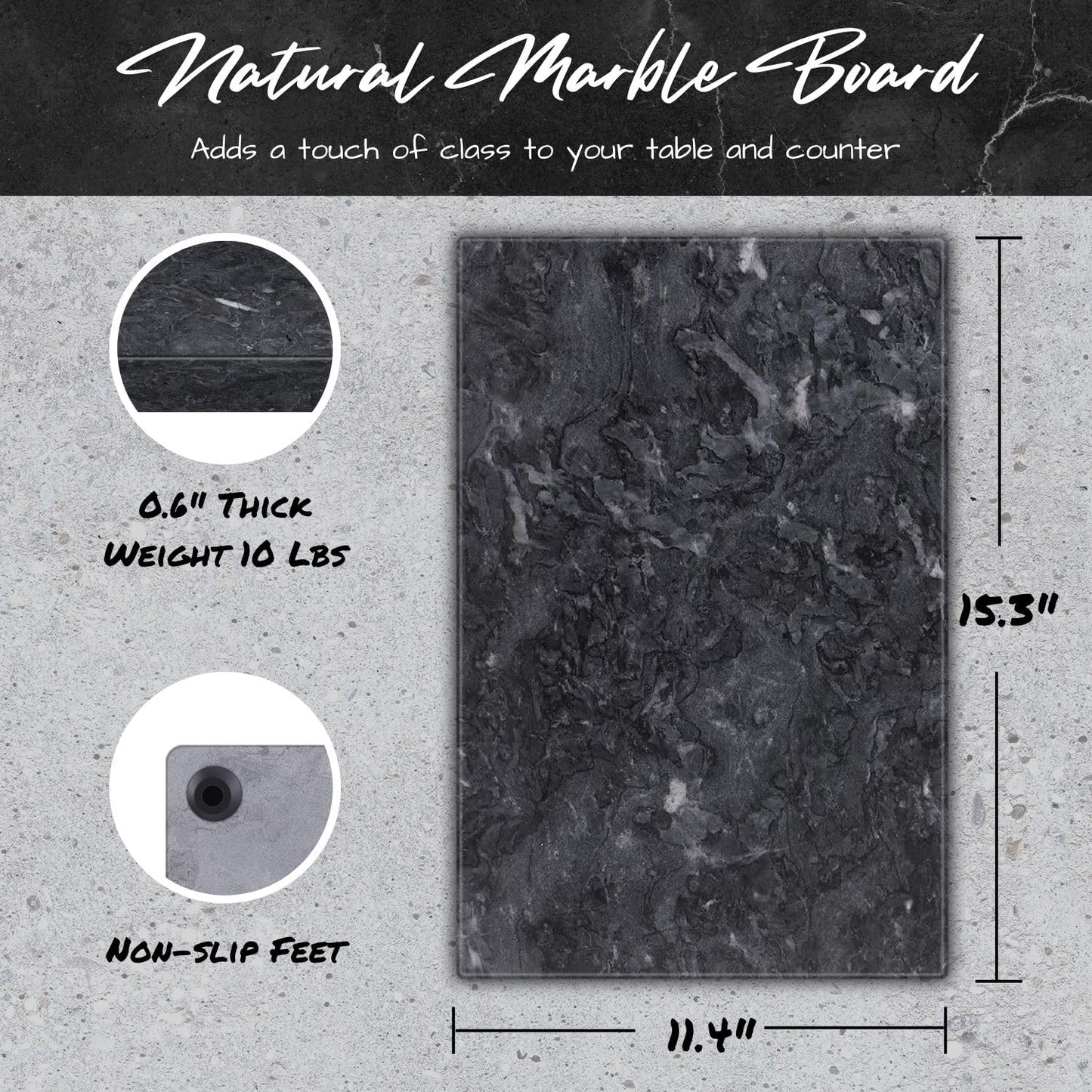 Flexzion Marble Cutting Board for Kitchen - 11.5 x 15 Inch Rectangular Marble Cheese Board Slab for Baking, Charcuterie, Pastry - Non-Stick Heat Resistant Stone Serving Board for Countertop, Black