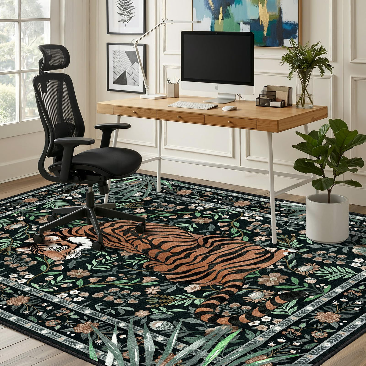 Hroza 5x7 Area Rug for Bedroom Tropical Jungle Tiger Non-Slip Green Rug Kid & Pet Friendly Washable Condo Rugs