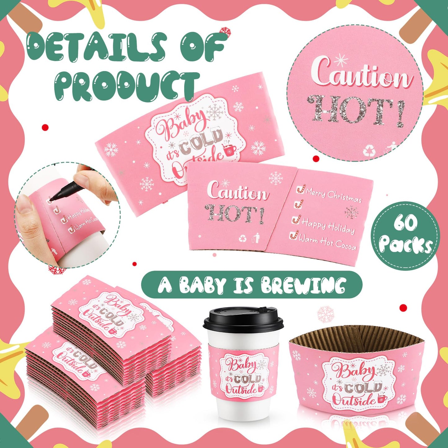 Yexiya 60 Pieces Christmas Baby It's Cold Outside Cup Sleeves Coffee Tea Fits 12oz 16oz Disposable Paper Cup Sleeves for Hot Chocolate Cocoa Beverage Xmas Party Supplies(Pink Silver)