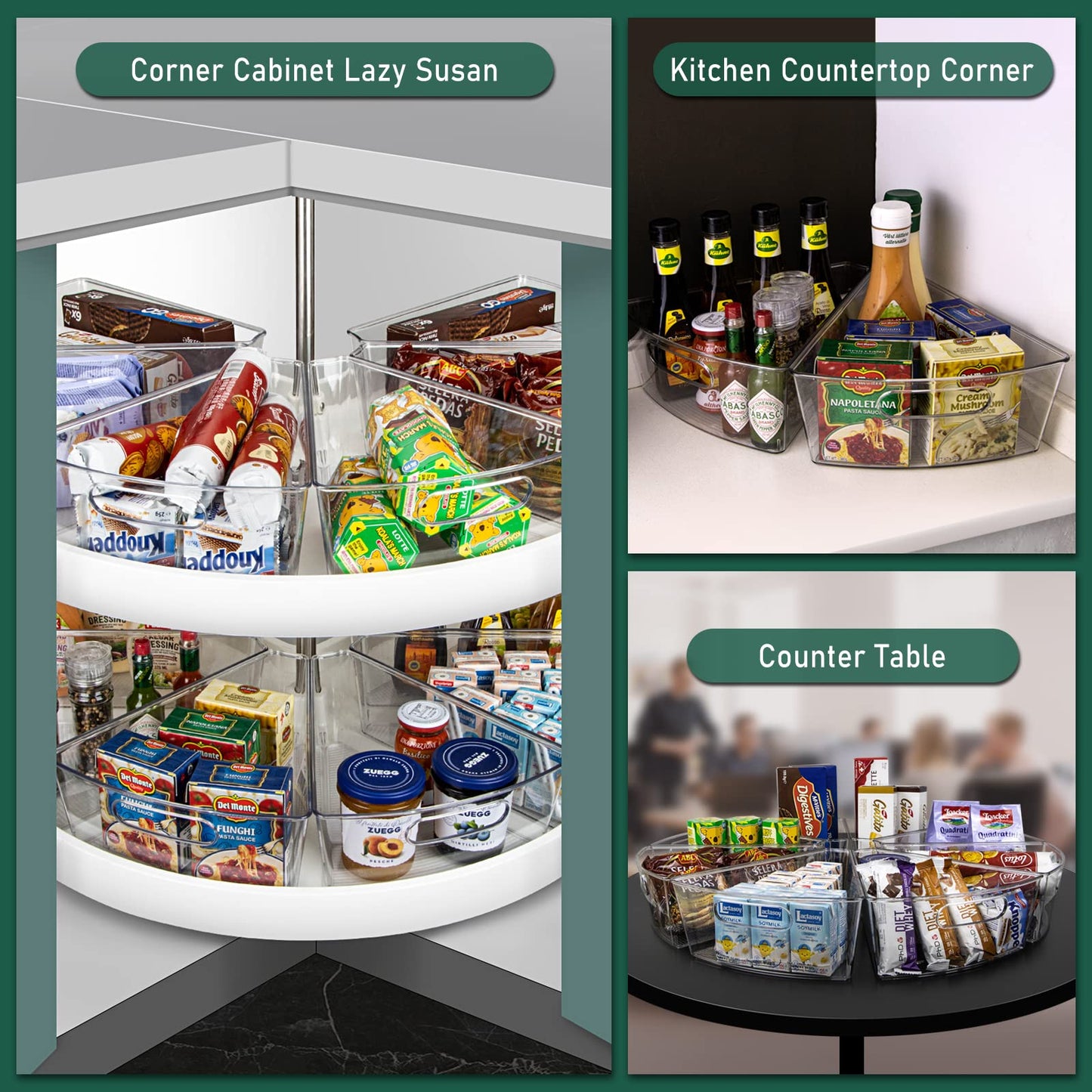 JEISSLIA Lazy Susan Cabinet Organizer Bins for 26"/ 28"/ 32" Diameter Corner Lazy Susan, Plastic Cabinet Storage Bin, 1/8 Wedge-Food Safe, BPA Free, with Non-Slip Pads (for 26" Diameter, 6 Pack)