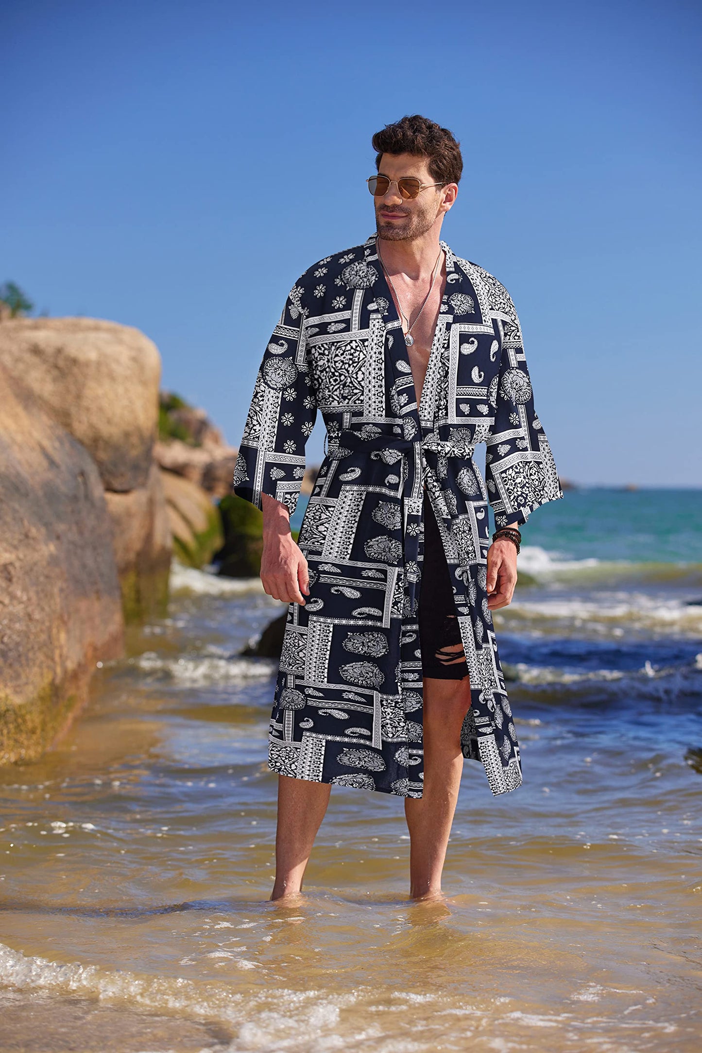 COOFANDY Men's Lightweight Kimono Robe Japanese Bathrobes Open Front Long Cardigan Cloak with Belt