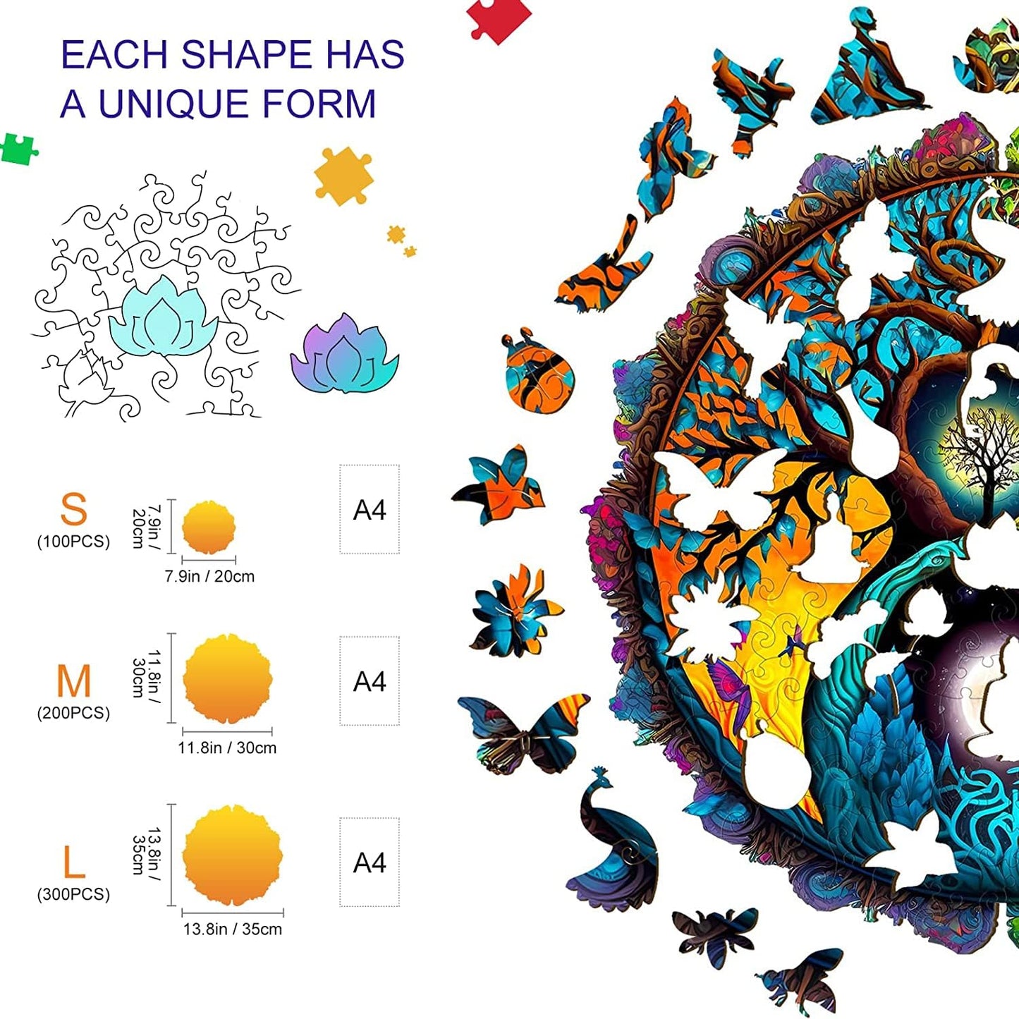 KAAYEE Wooden Puzzle for Adult, Wooden Jigsaw Puzzles,Unique Shape Advanced Yinyang Tree Puzzle Gift for Christmas Adult Family Game (11.8 * 11.8 in 200 Pcs)