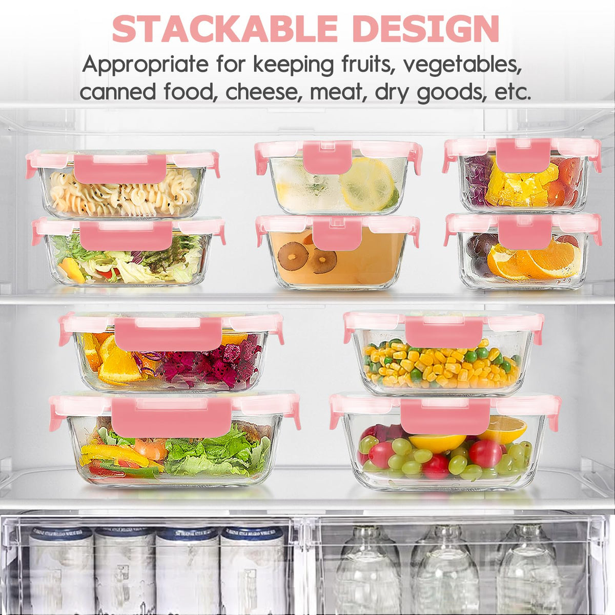 34pcs Glass Food Storage Containers with Lids Set, Airtight Glass Meal Prep Containers (17 Containers & 17 Lids), Leak Proof Lunch Container BPA-Free, Microwave, Oven, Freezer, Dishwasher Safe-PINK