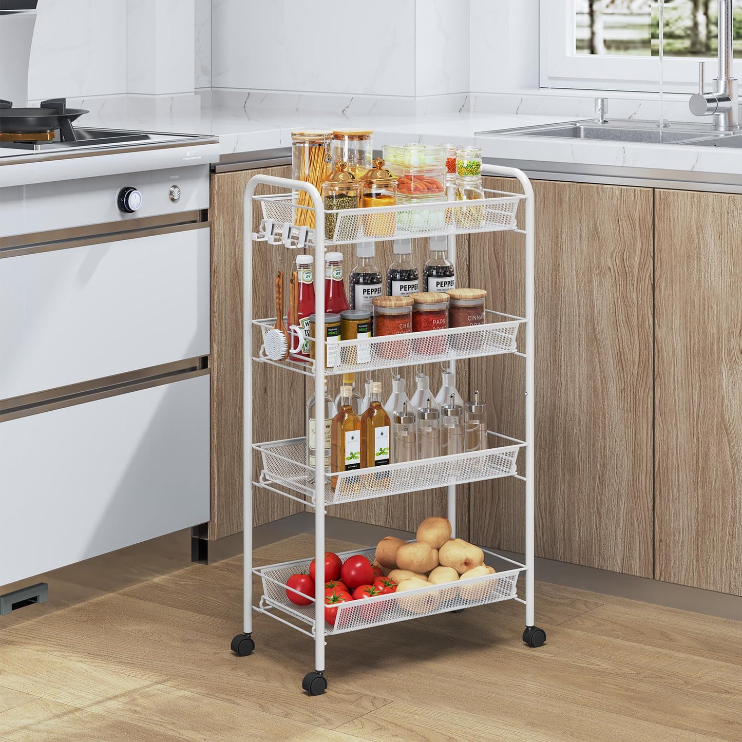 TOOLF 4-Tier Rolling Cart, Metal Utility Cart with 3 Hooks, Easy Assemble Mobile Storage Trolley On Wheels, Slide Out Shelving Units Kitchen Bathroom Laundry Room
