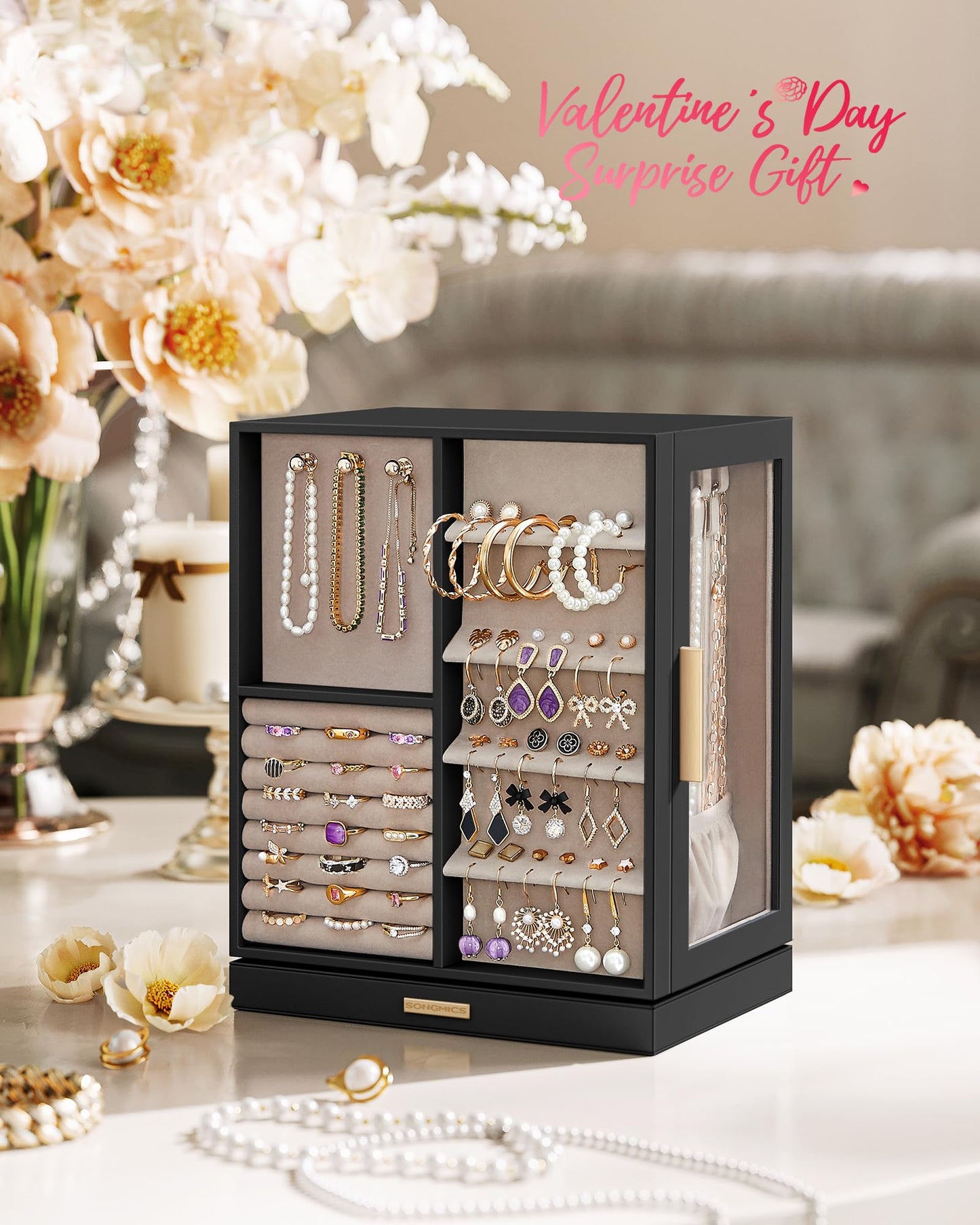 SONGMICS GISELLA Collection - Jewelry Box Organizer 360° Rotating, Large Vertical Jewelry Storage Case with 5 Drawers, Shiny Metal Hardware, Glass Window, Gift Idea, Ink Black UJBC170B01
