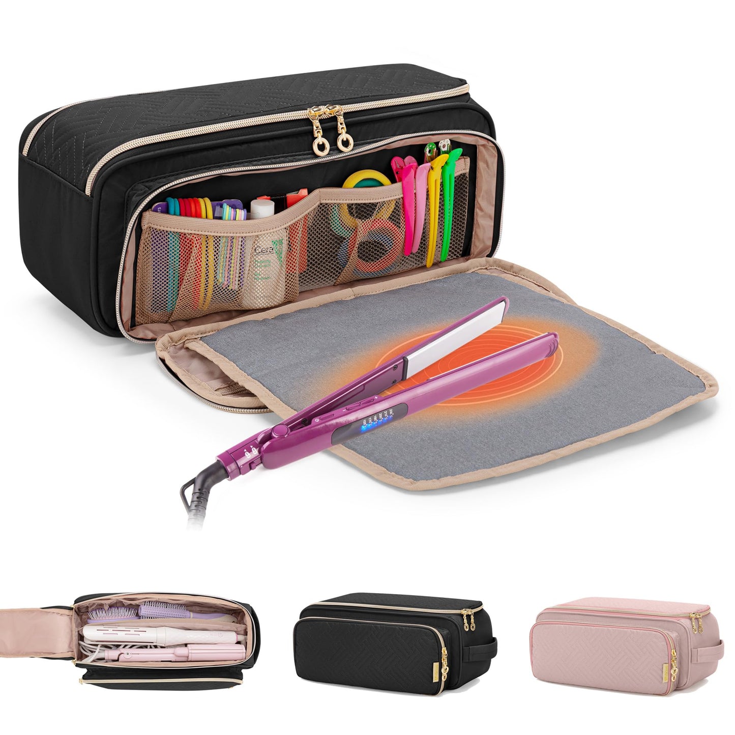 YARWO Upgraded Hair Tools Travel Bag with Heat Resistant Mat for Straightener, Curling/Flat Iron, Blow Out Brush/Curler, 2 in 1 Hot Hair Styling Tool Organizer with Pockets for Hair Accessories, Black
