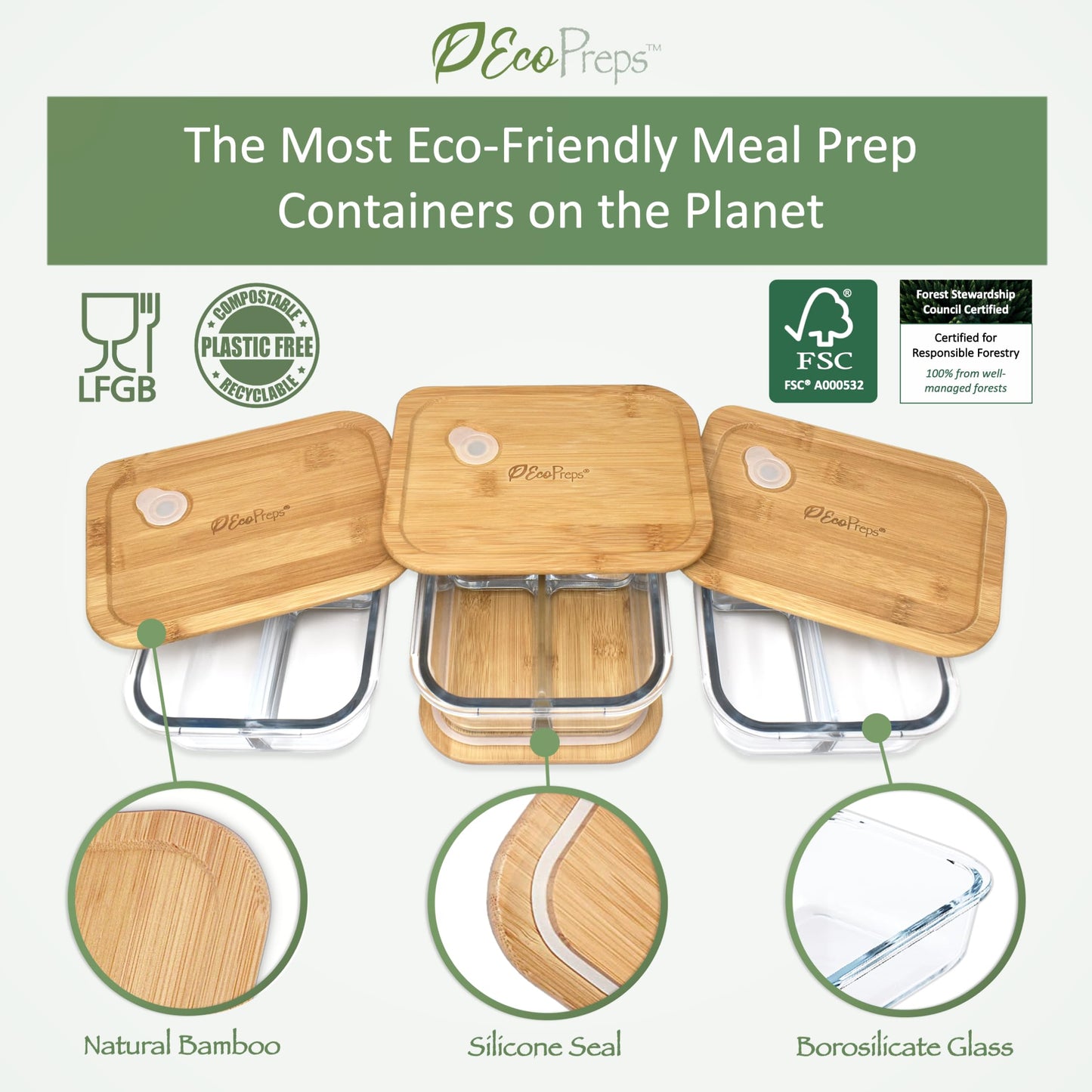 EcoPreps Glass Bento Boxes with Bamboo Lids, 3-Compartment Meal Prep Containers - 3 Pack, Eco-Friendly, Freezer Safe Glass Lunch Boxes
