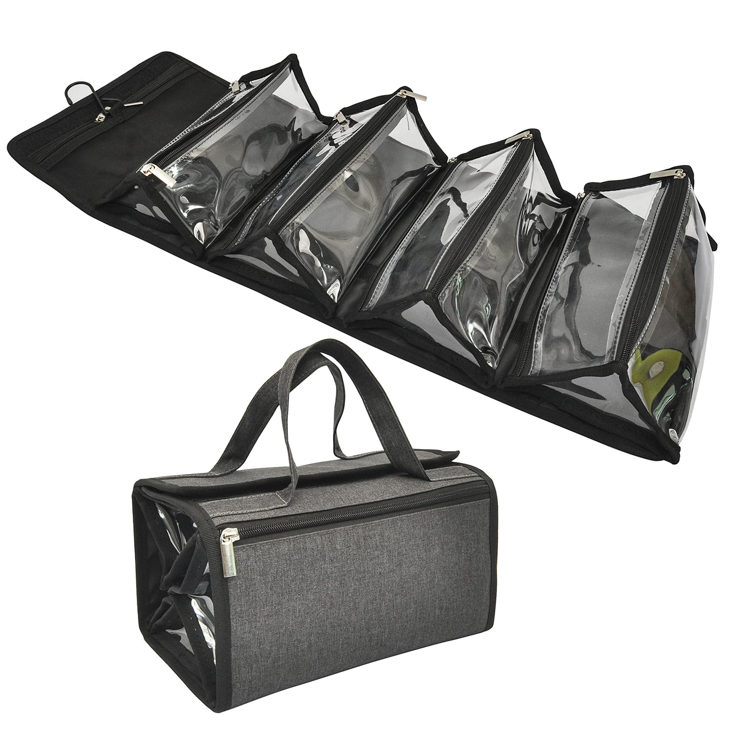 Jula Vance Large Capacity Hanging Eco Polyester Travel Toiletry Bag Makeup Cosmetic Bag 4-in-1 Roll-Up Make Up Storage Organizer With 4 detachable Removable Zipper Clear TPU Pouches & Hook, Grey,