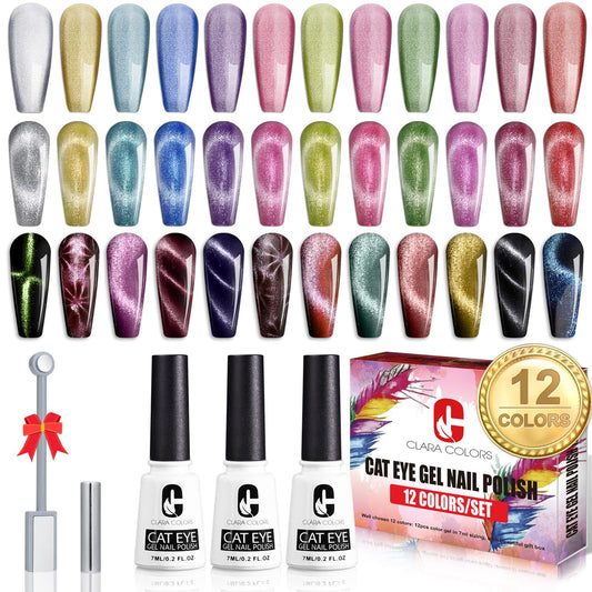 Clara Colors Cat Eye Gel Nail Polish Set of 12 Colors Magnetic Nail Polish Set Holographic Glitter 9D Galaxy Series Cat Eye Gel Polish Set with 2 Magnet Stick for Home DIY Soak Off UV LED Manicure Nail Salon