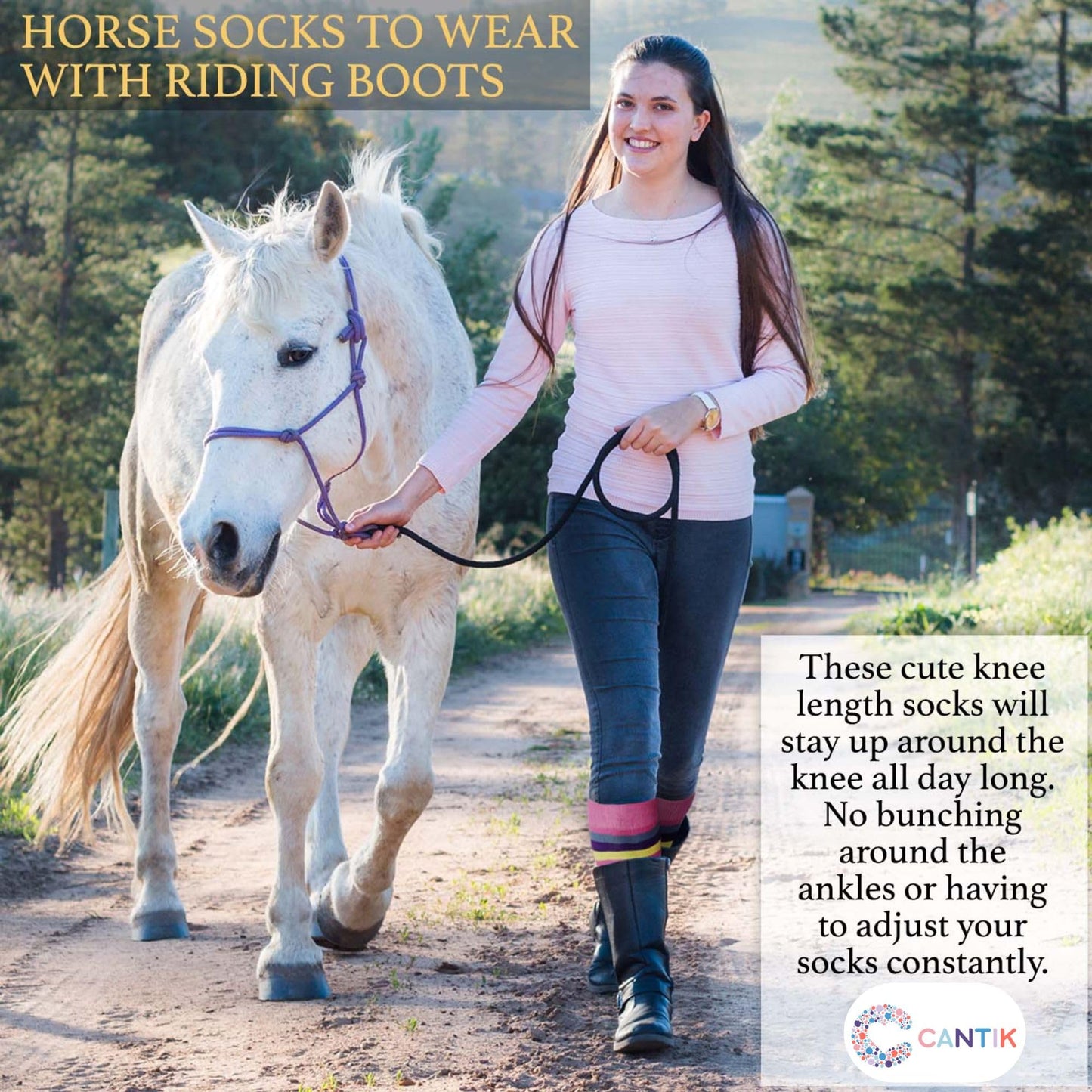Cantik Horse Socks & Horse Hair Ties - Knee High Equestrian Socks (3 Pairs), Soft & Cotton Rich - Perfect Horse Gift For Girls, Teenagers, & Horse Lovers. Horse Riding Socks & 5 Ouchless No Crease Hair Ties Gift Set Cantik Horse Socks & Horse Hair Ties -
