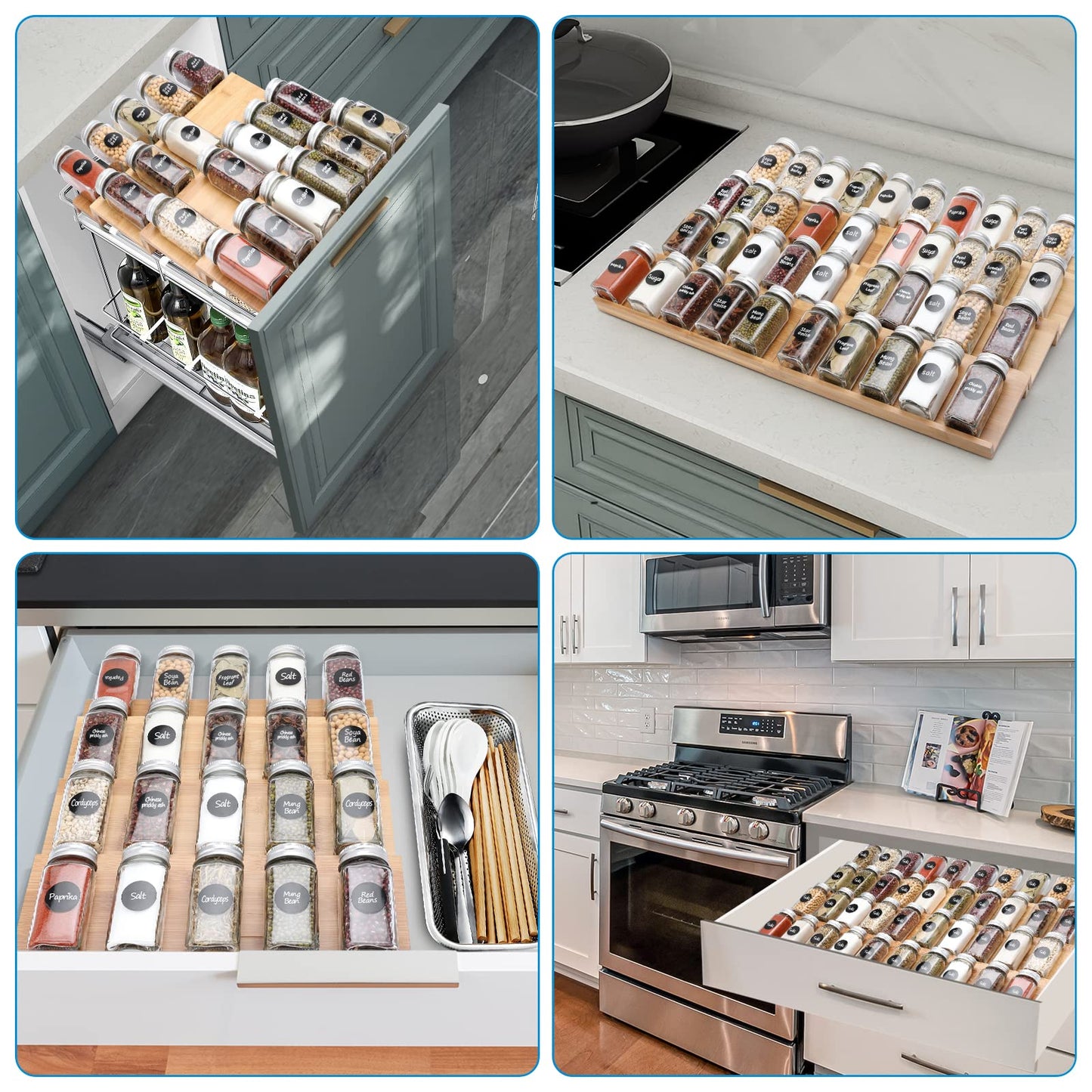 DEWVIE Bamboo Spice Rack for Drawer - Adjustable 4 Tier Spice Rack Drawer Organizer for Kitchen Cabinet Drawer Storage, Expandable 13" to 26"