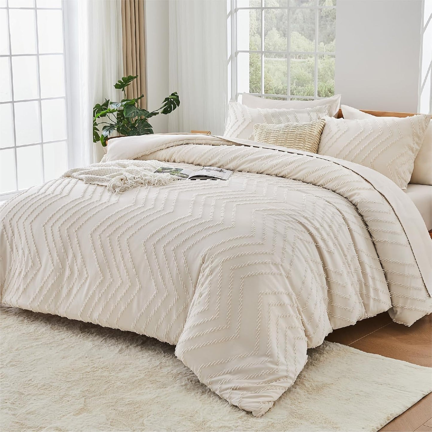 Andency Comforter Queen Size with Sheets Beige，7 Pieces Bed in a Bag Queen Cream Chevron Boho Soft Warm Tufted Neutral Bedding Sets with Comforter, Sheets, Pillowcases & Shams