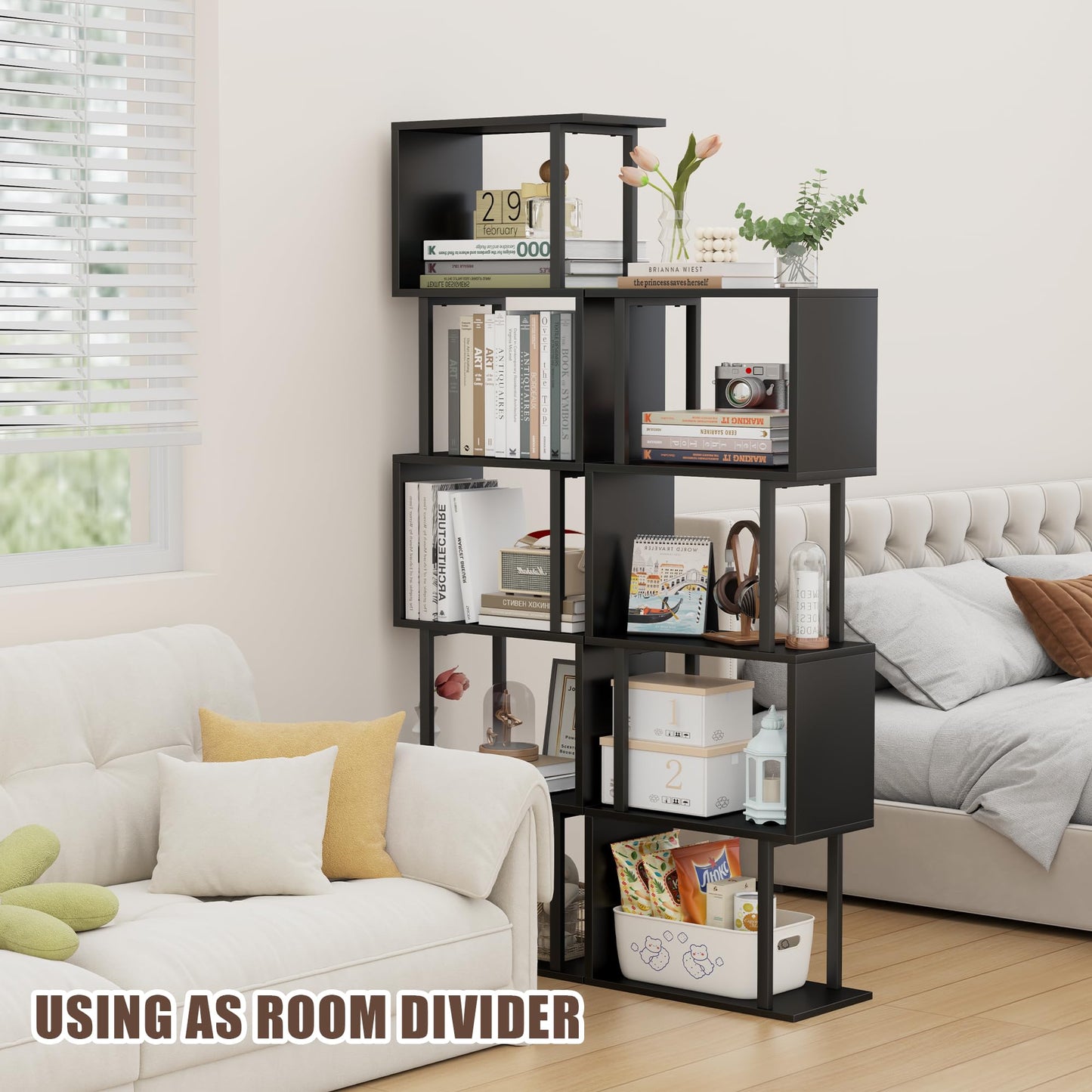 Gadroad 5-Tier Bookshelf, Narrow S-Shaped Geometric Bookcase,Modern Freestanding Display Shelves, Book Shelf Unit for Living Room Bedroom Home Office, Black