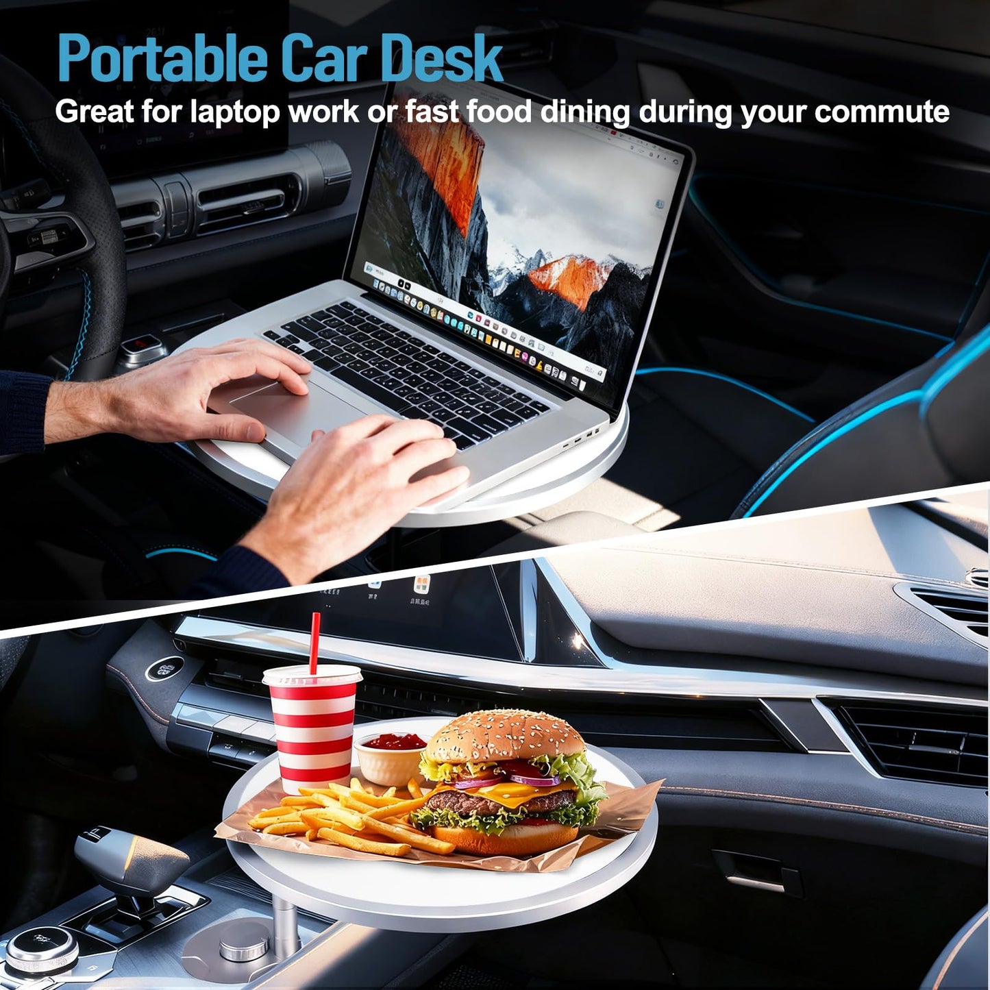 Car Tray Table & Car Desk for Laptop with 2 Risers and Anti-Slip Pad, 360° Rotating Cup Holder for Working and Eating Compatible with Tesla Model 3/Y/S, Ford F150/Explorer/Maverick & Most Vehicles/EV