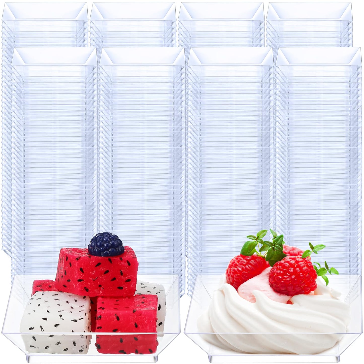 Gandeer 400 Pieces Mini Square Dessert Plates 2.5 x 2.5 Inch Disposable Appetizer Plates Small Clear Plastic Dish for Dessert Salad Appetizer Sauces Tastings Cake Wedding Party Serving (Clear)
