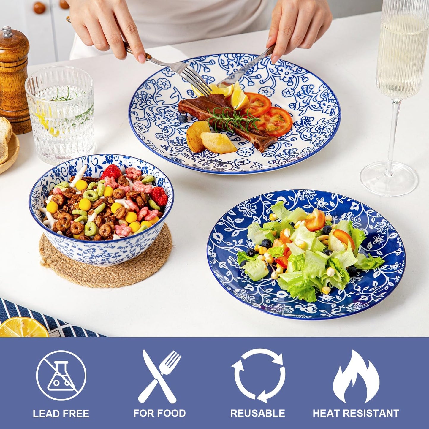 Cerkik Ceramic Dinner Plates Set - 10.5 Inch / 27 cm Large Porcelain Salad Serving Plate for Pasta Steak Pancakes Pizza - Scratch Resistant Microwave Oven Dishwasher Safe - Set of 6 - Vintage Blue