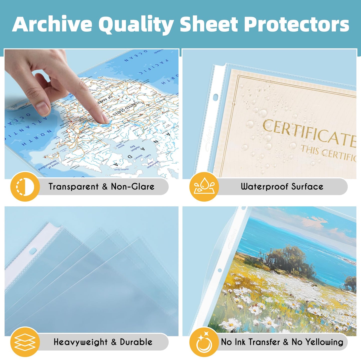 Antner 11x17 Inch Sheet Protectors (50-Pack) - Tabloid Size Heavy Duty Clear Plastic Archival Sleeves, 3 Hole Punched for 3-Ring Binders, Side Loading Oversized Page Protectors for Documents Newspaper