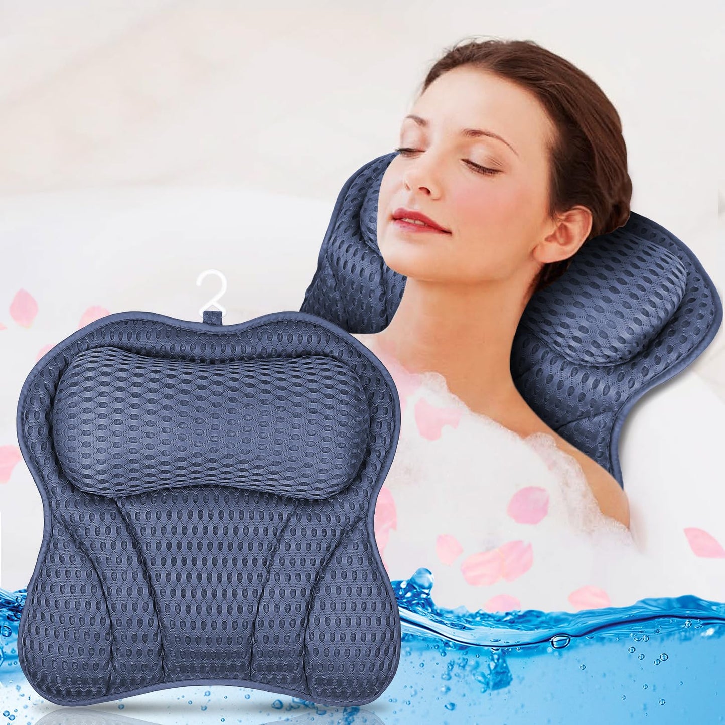 ULTRGEE Bathtub Pillow - 4D Air Mesh, Bath Pillow for Tub Head, Neck and Back Support, Fast Drying Bath Cushion, Bath Accessories for Relaxing, Germ-Proof, Fits All Bathtub (Navy)
