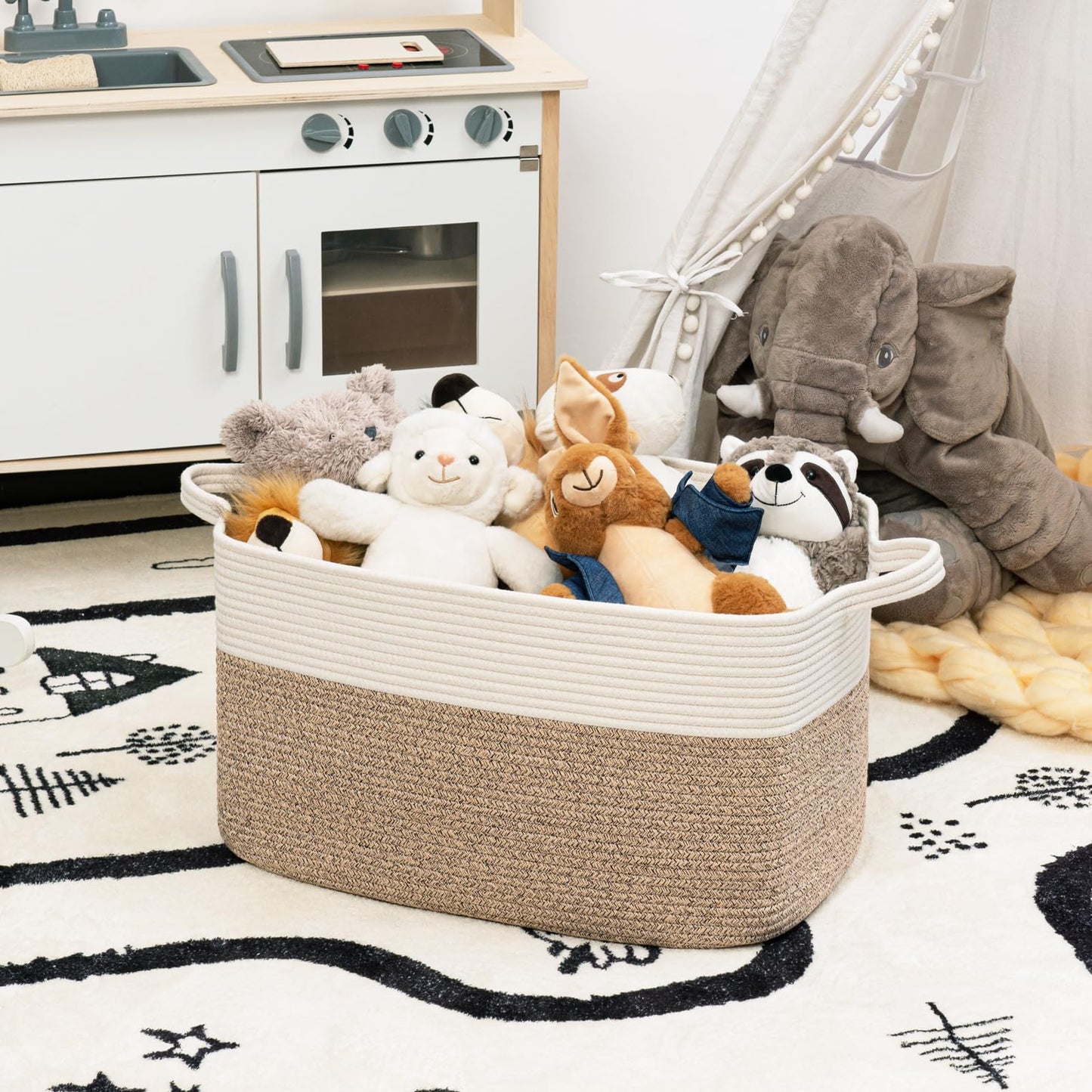 Goodpick Large Storage Basket 21.6" x 14.9" x 11.8", Blanket Baskets for Living Room, Woven Rope Storage Basket for Toys, Towels, Rectangle Laundry Dirty Clothes Baskets for Nursery, Mix Brown