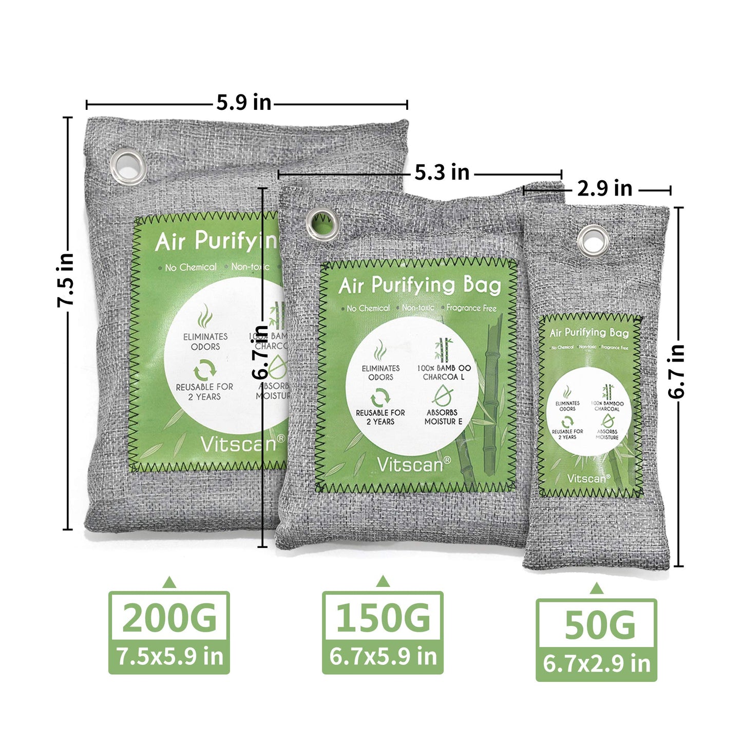 12 Pack Bamboo Charcoal Air Purifying Bag, Activated Charcoal Bags Odor Absorber, Moisture Absorber, Natural Car Air Freshener, Shoe Deodorizer, Odor Eliminators For Home, Pet, Closet (8x50g, 4x200g)