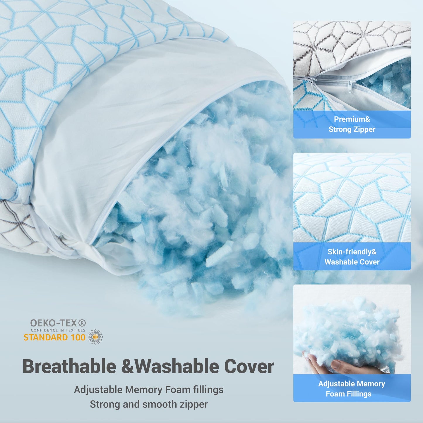 Bafode Pillows King Size Set of 2, Memory Foam Pillows, Cooling Pillow for Sleeping, Adjustable Bed Pillows for Side, Back and Stomach Sleepers